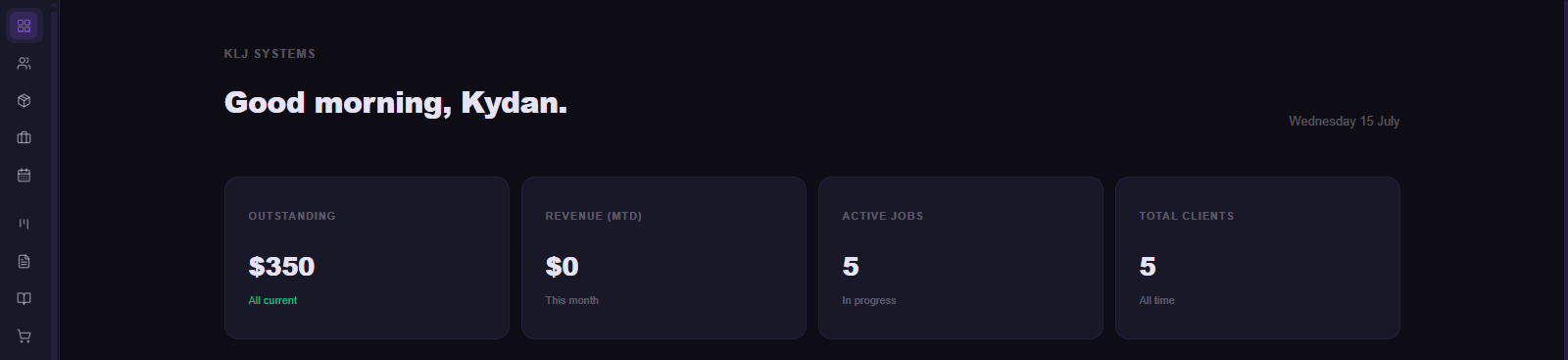 KAOS dashboard showing outstanding revenue, active jobs and client totals
